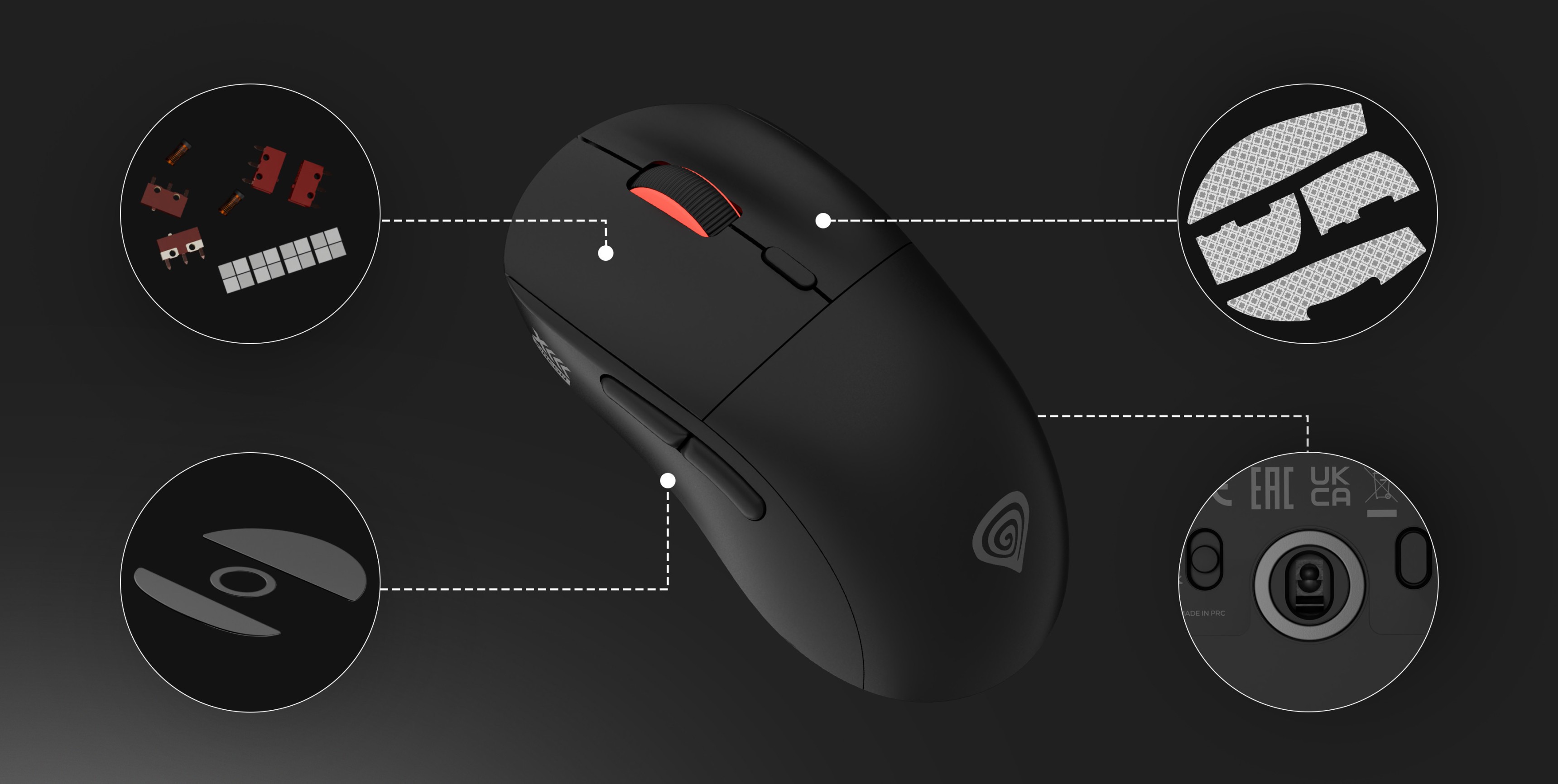 Бездротова ігрова миша Genesis Zircon XIII чорного кольору, що підкреслює такі особливості, як настроювані кнопки та висока чутливість DPI