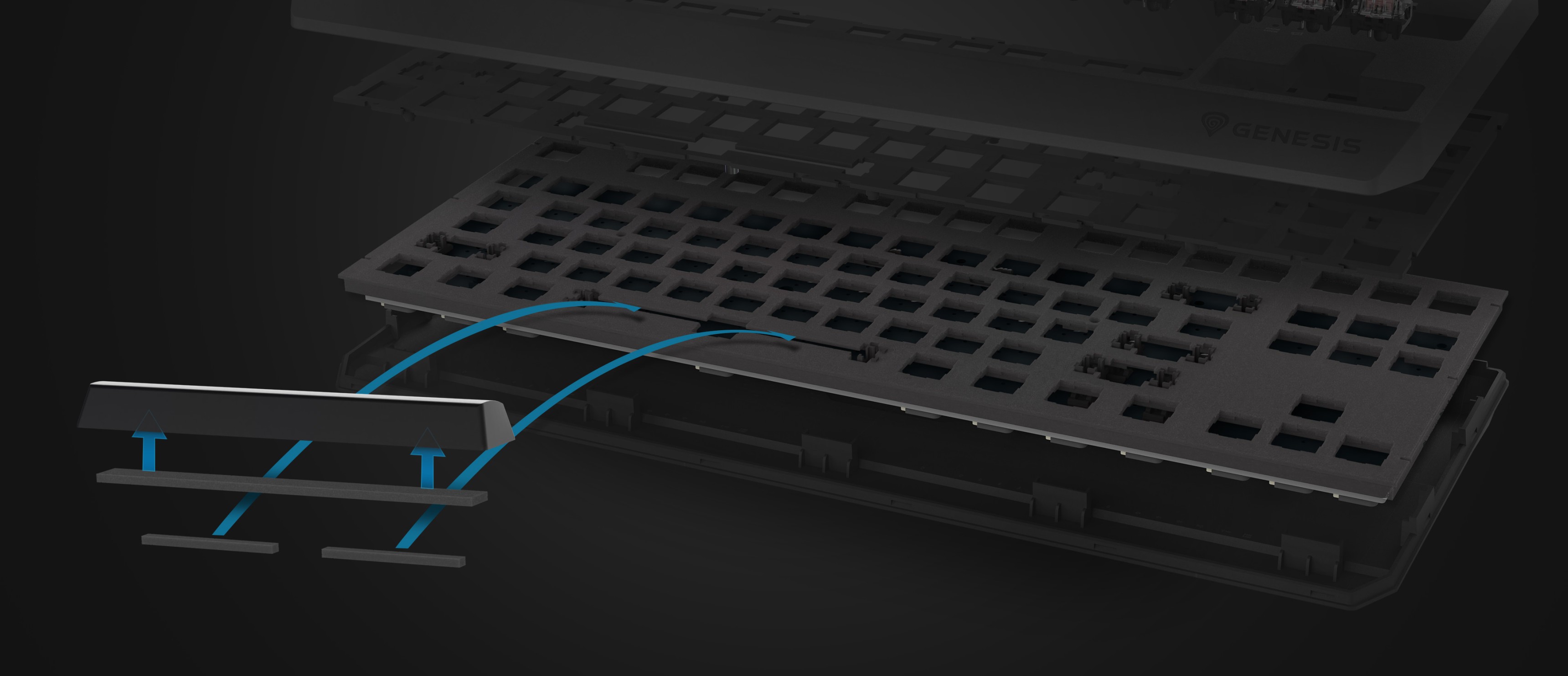 Механічна клавіатура Genesis Thor 230 TKL Lite крупним планом, з можливістю гарячої заміни клавіш і чорним дизайном