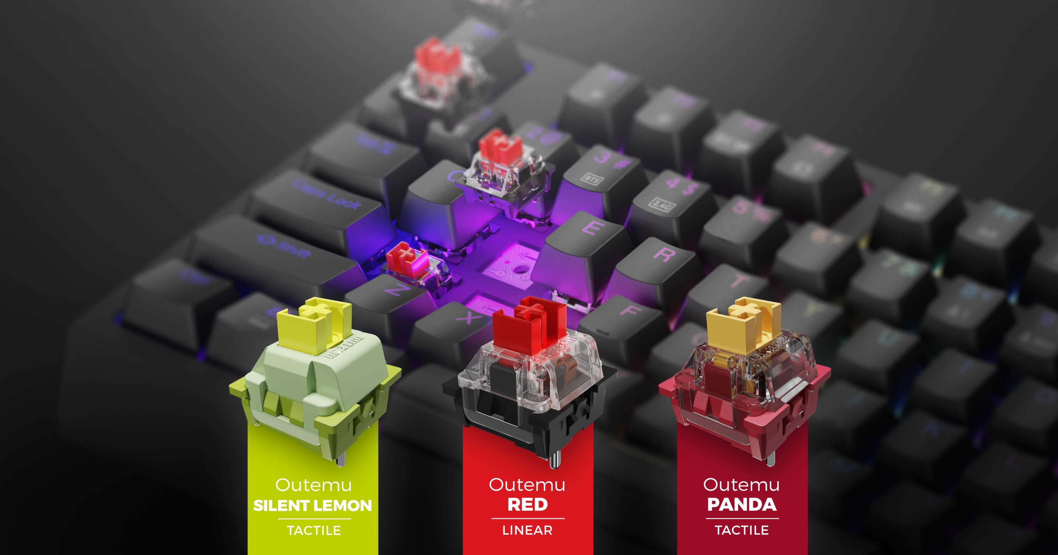 Ігрова клавіатура з RGB-підсвічуванням, що налаштовується, і трьома типами перемикачів Outemu крупним планом: Silent Lemon, Red і Panda