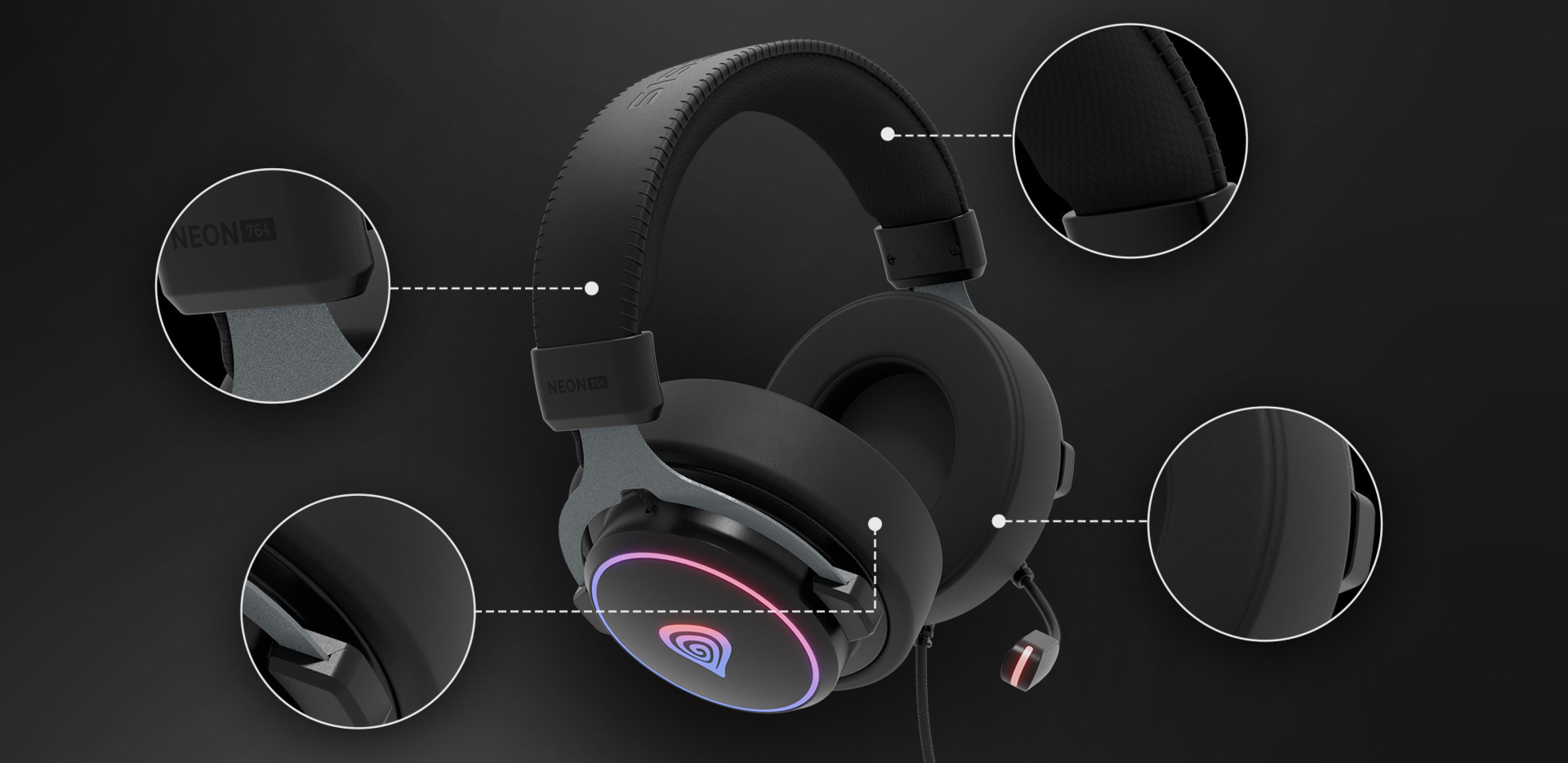 Чорні дротові навушники Genesis Neon 764 RGB з регульованими амбушурами, мікрофоном і підсвічуванням акцентів