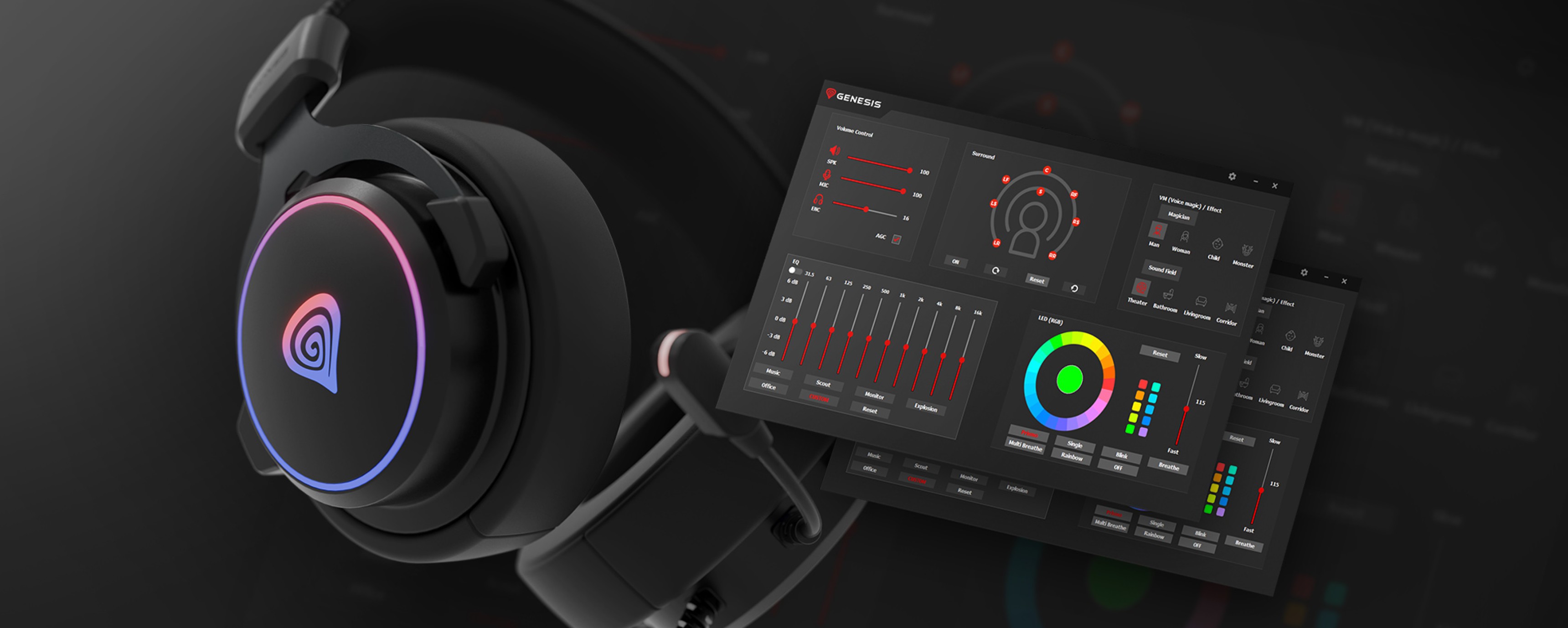 Чорні навушники-вкладиші Genesis Neon 764 RGB з мікрофоном, з настроюваним RGB-підсвічуванням і супровідним програмним інтерфейсом
