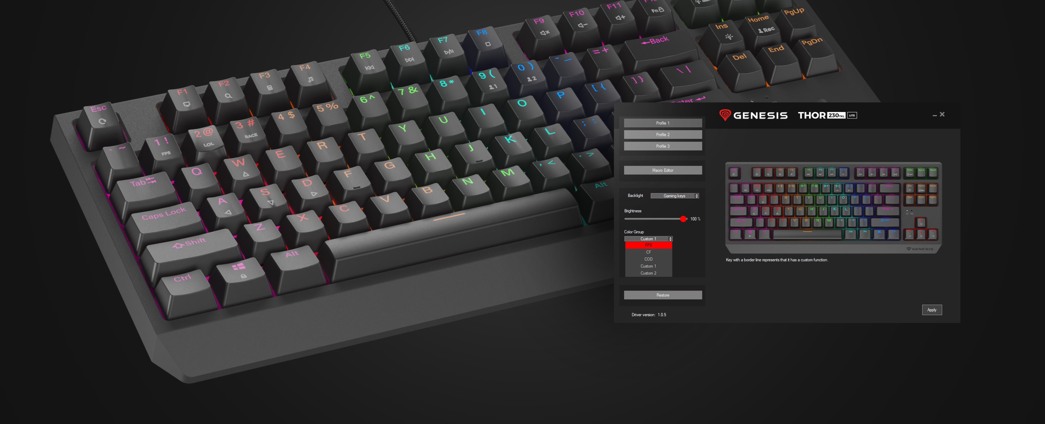 Механічна ігрова клавіатура Genesis Thor 230 TKL Lite з настроюваним RGB-підсвічуванням і програмним інтерфейсом на дисплеї