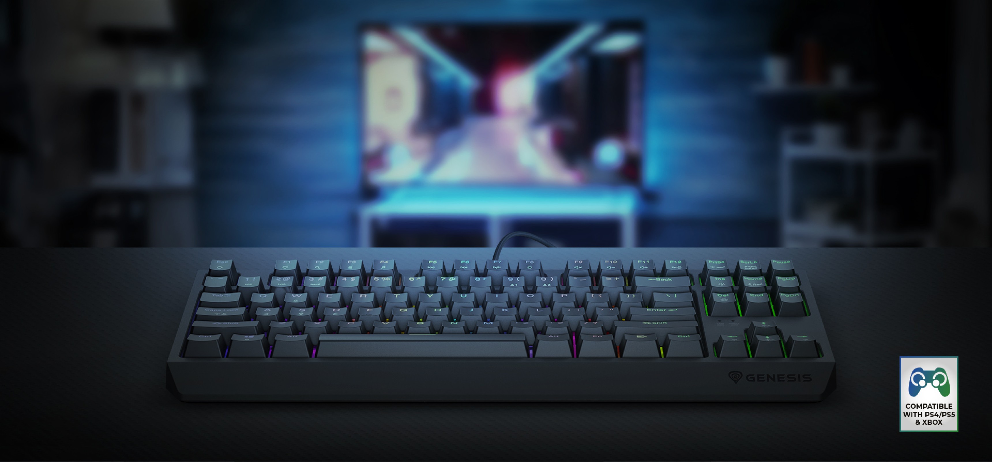 Механічна ігрова клавіатура з RGB-підсвічуванням, перемикачами з можливістю гарячої заміни, розташована перед розмитим телевізійним екраном