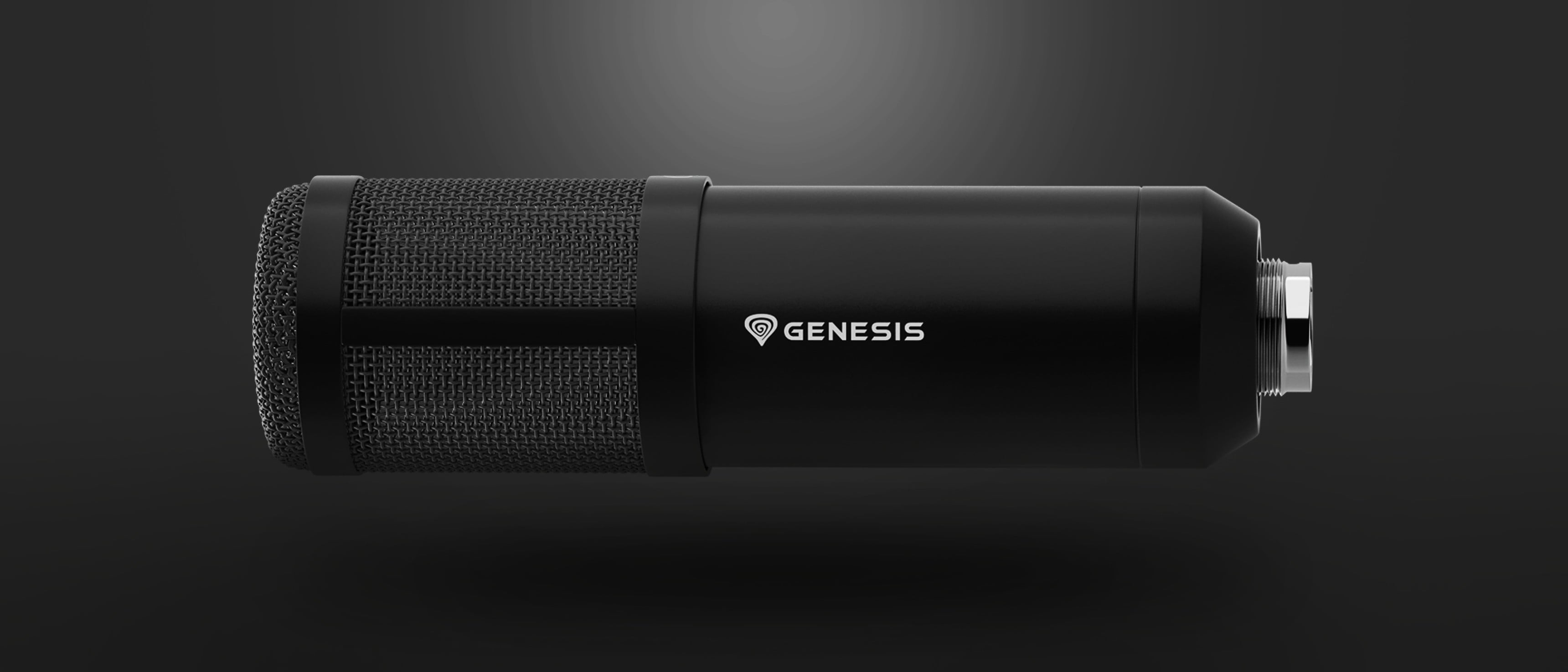 Студійний мікрофон чорного кольору з сітчастою решіткою і логотипом Genesis, призначений для професійного аудіозапису