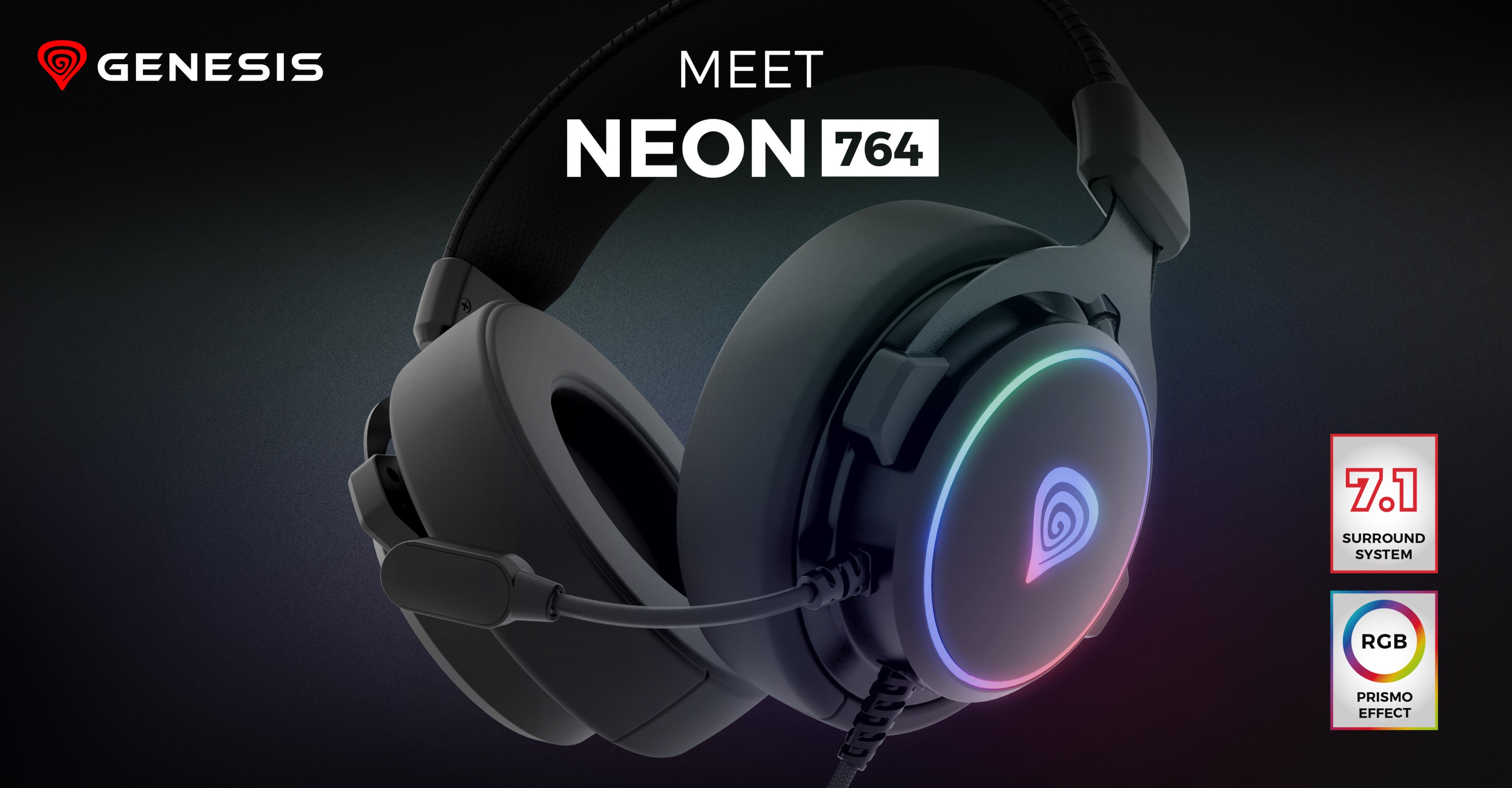Чорні навушники Genesis Neon 764 RGB з мікрофоном, з кольоровим підсвічуванням і стильним дизайном
