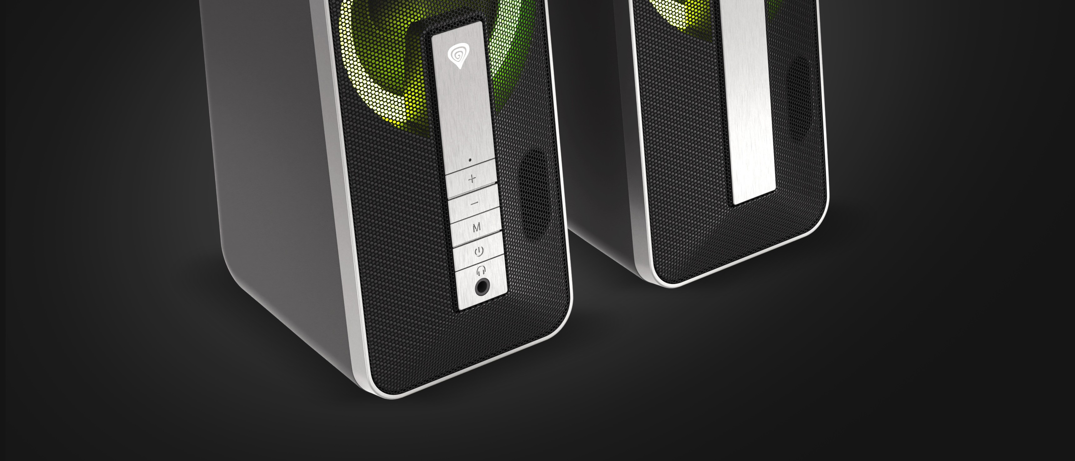 Чорні Bluetooth-колонки з RGB-підсвічуванням і кнопками керування на передній панелі, що демонструють сучасний дизайн