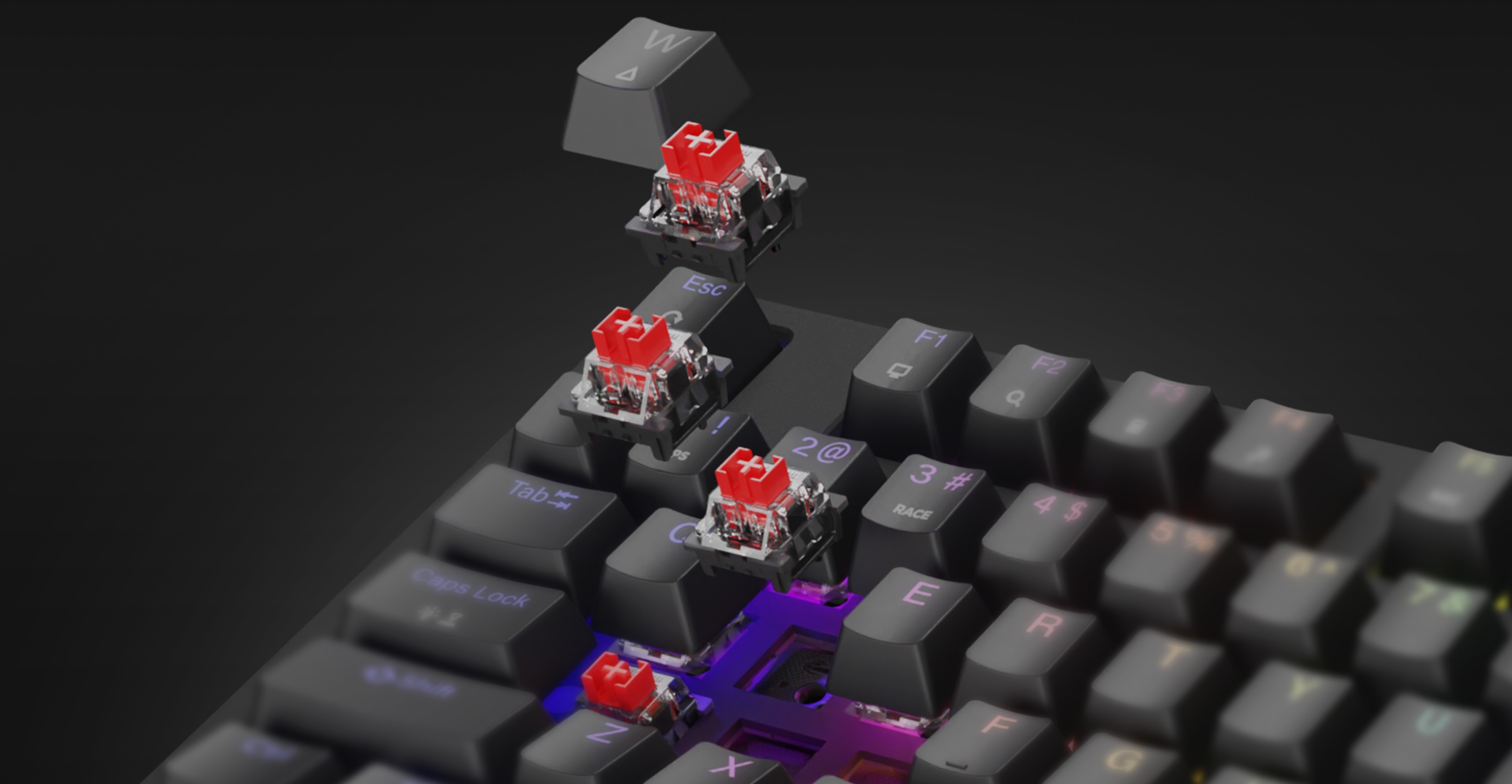 Механічна ігрова клавіатура з червоними перемикачами та райдужним RGB-підсвічуванням, з можливістю гарячої заміни клавіш і перемикачів