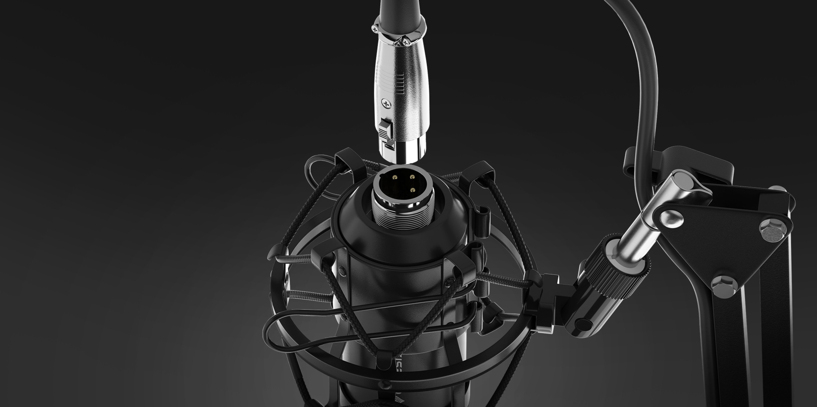 Студійний мікрофон Genesis Radium 300 крупним планом з роз'ємом XLR і поп-фільтром, встановлений на міцному кронштейні